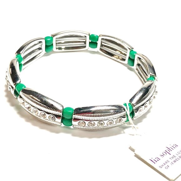 Lia Sophia Bracelet Island Fiesta Jaguar Color Green Silver Crystals Stretch NWT - Picture 6 of 6